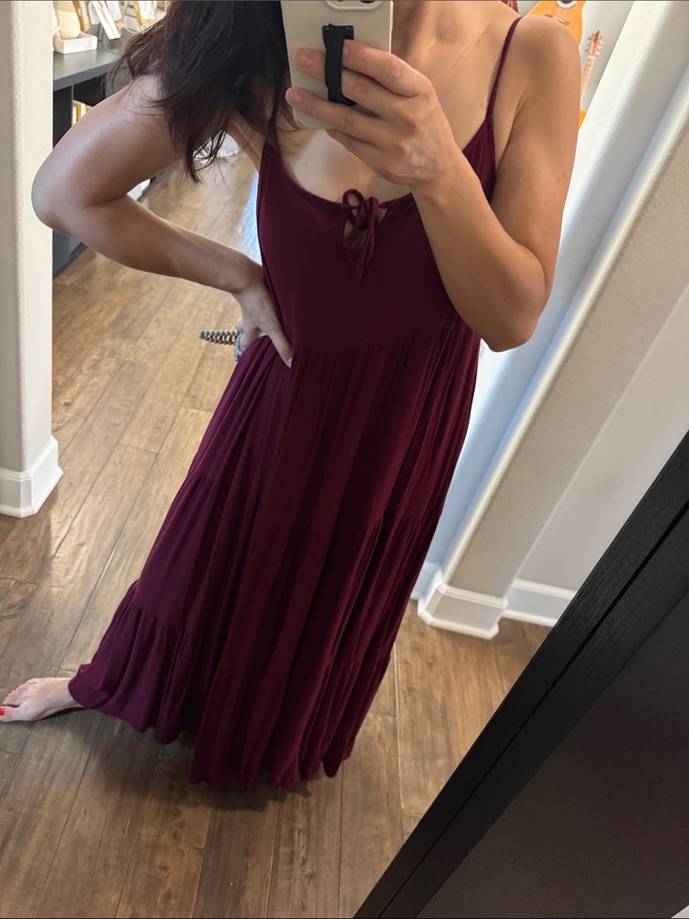 VICI Wine Red Spaghetti Strap Tiered Maxi Dress